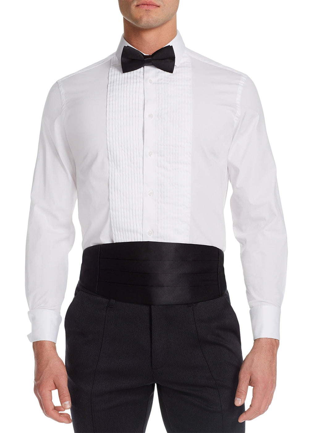 White dress shirt with pleated front detail, black bow tie and cummerbund on a white background