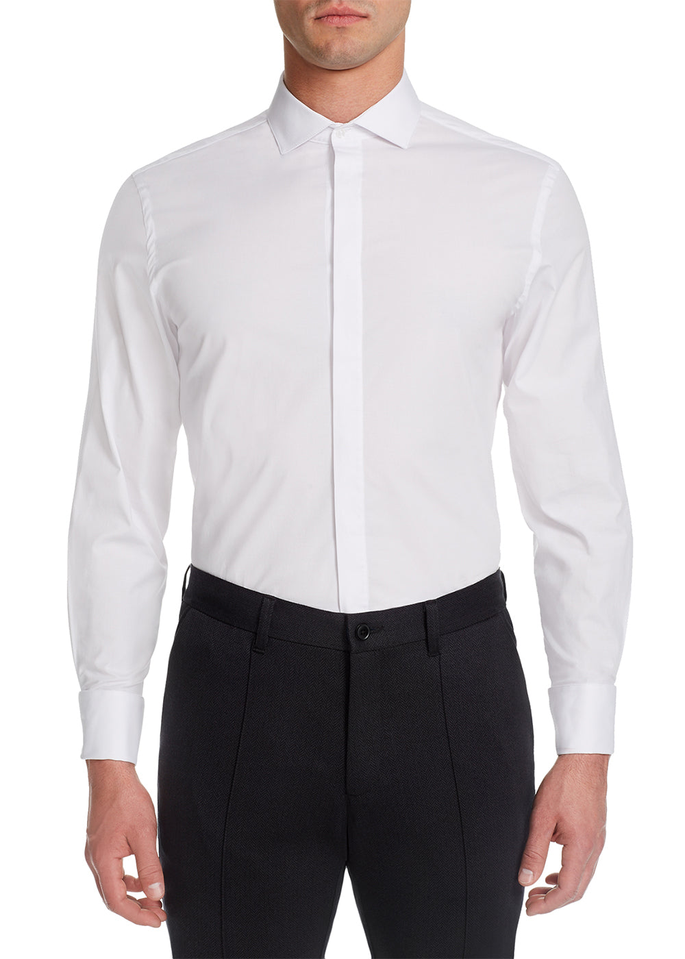 White dress shirt with a spread collar on a white background